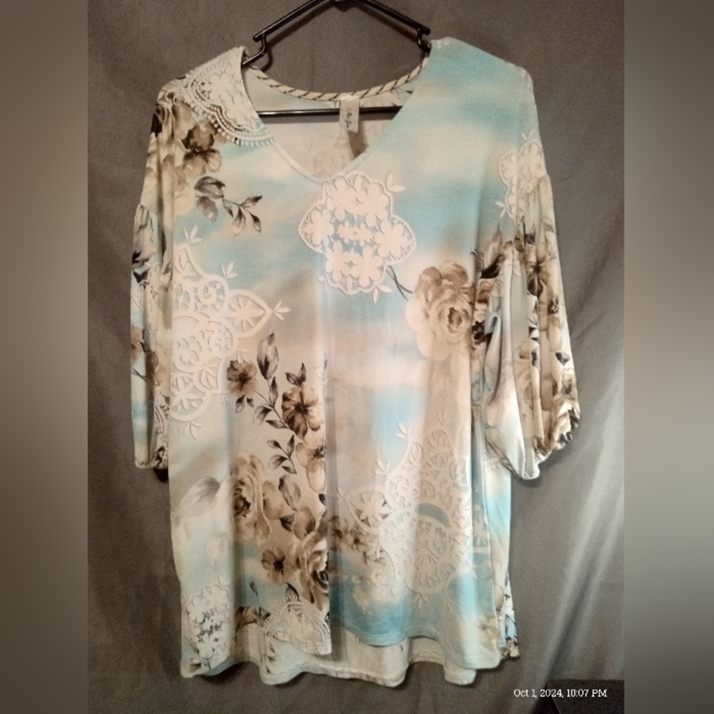 Alison Grace sky blue floral v-neck blouse